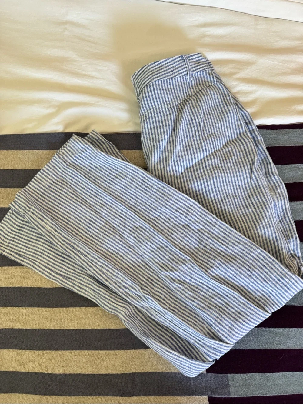 Light Blue and White Striped Linen Blend Pants